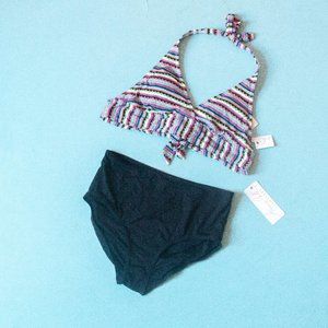 NEW Anne Cole High Waisted Black Multi Colored Stripe Matching Bikini Set Sz L